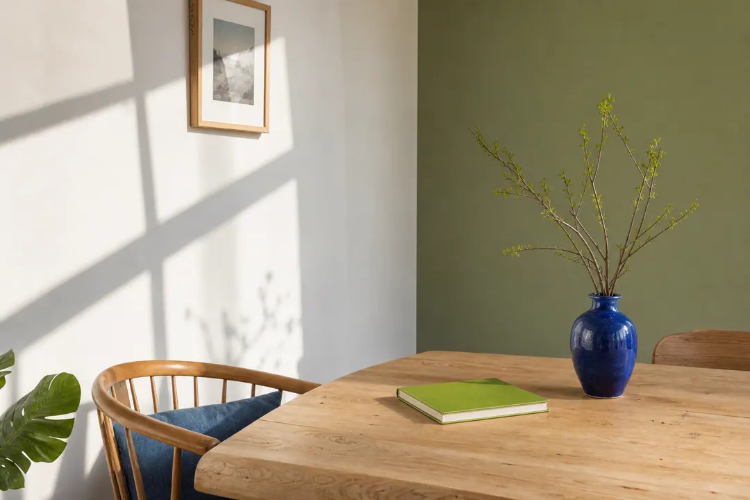Table en bois éclairée par une fenêtre