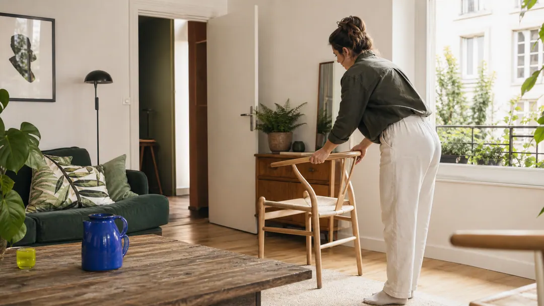 Une lectrice déplace une chaise dans son séjour